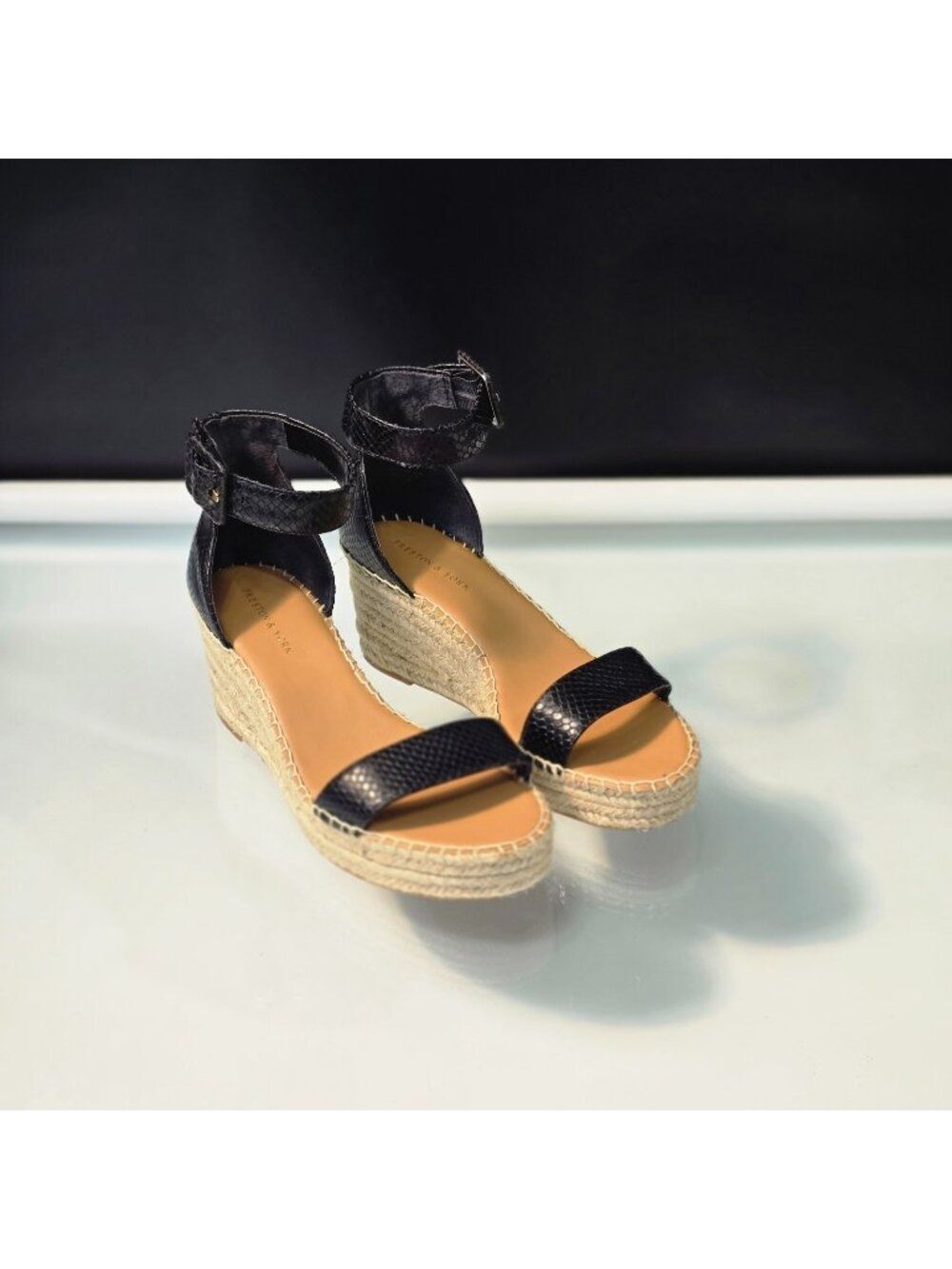 Preston & York Black Espadrille Wedge Sandals Size 10 Snake-Print Leather